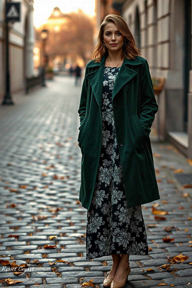 A woman in a dark green faux suede coat over a black and white floral dress, standing confidently on a cobbles