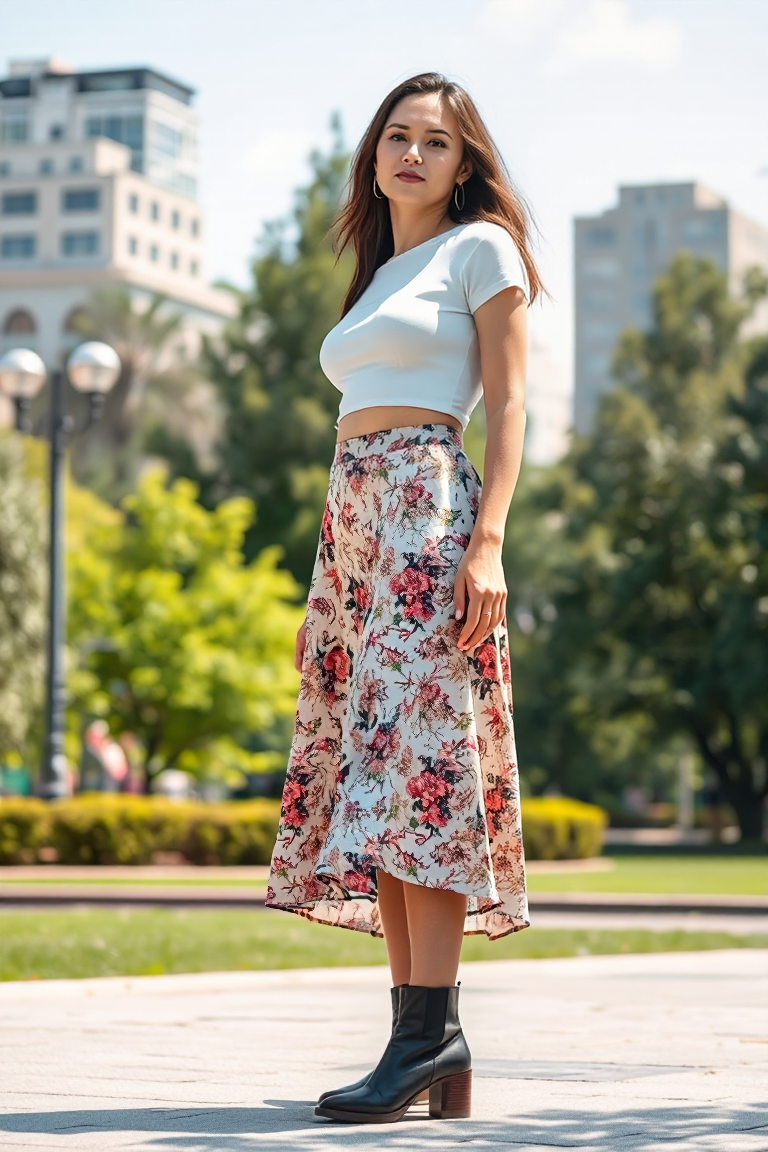 A woman in a knee-length floral flared skirt, a white crop top, and chunky ankle boots, standing in a city par