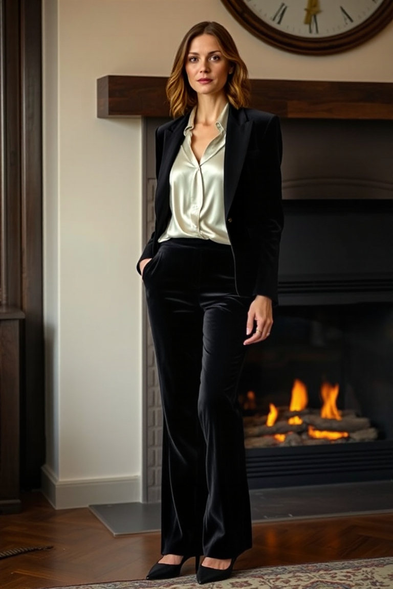 A woman in a black velvet trouser paired with a white silk blouse and a black blazer, standing in front of a f