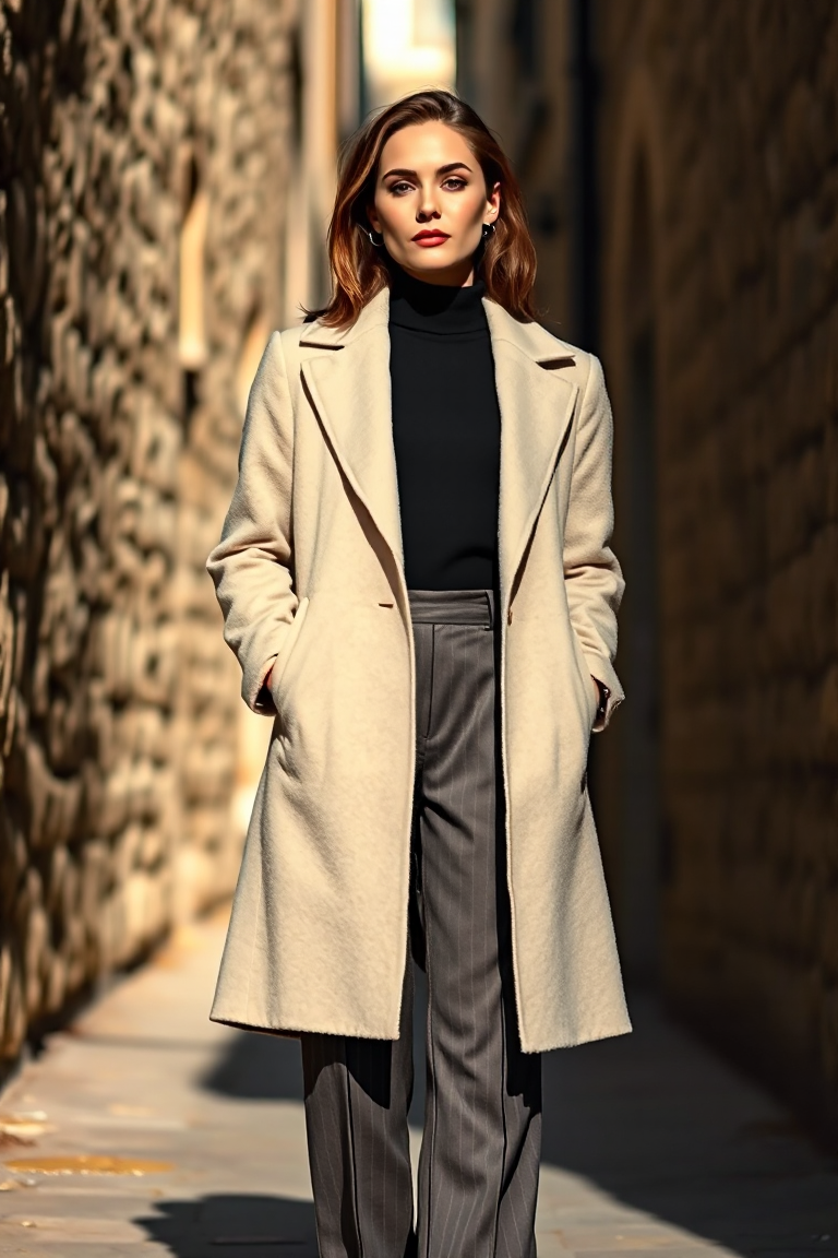 A woman in a cream wool coat over a black turtleneck and tailored trousers, standing in a sunlit urban alley w