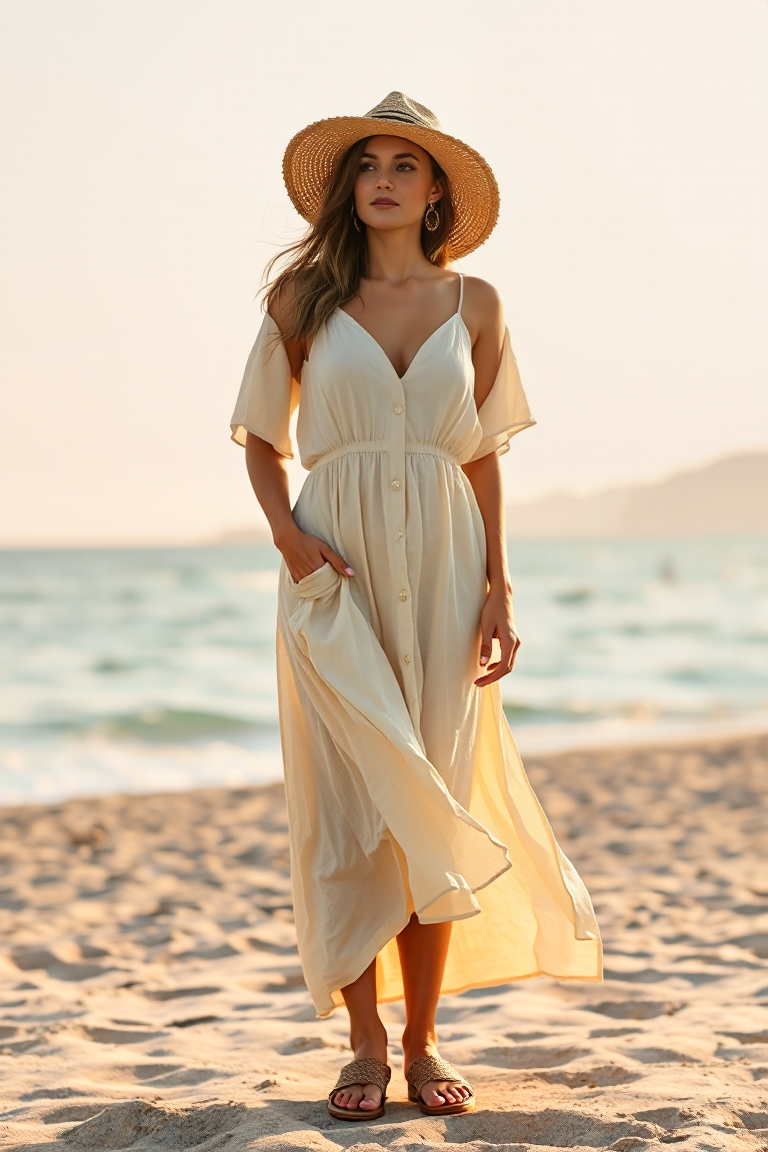 A woman in a flowy cream linen dress with a wide-brimmed straw hat and woven sandals, standing on a sunlit Med