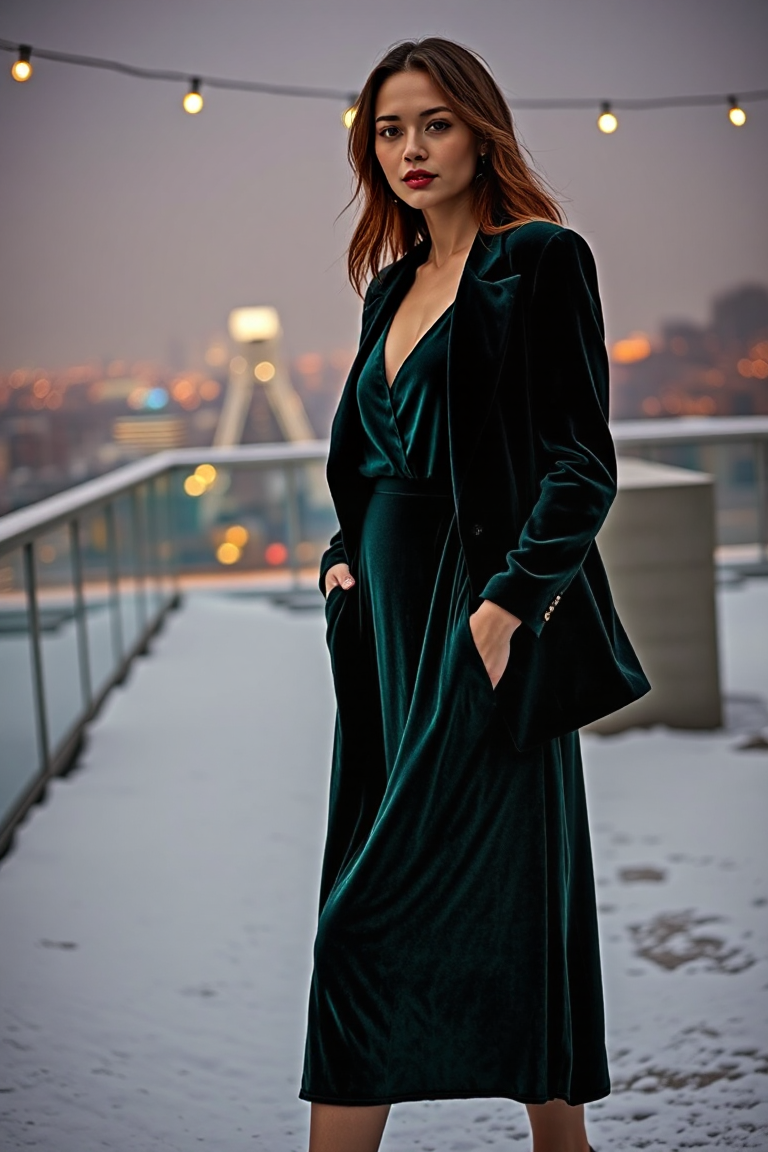 A woman in a deep emerald velvet midi dress with a structured black blazer, standing on a snowy rooftop with c