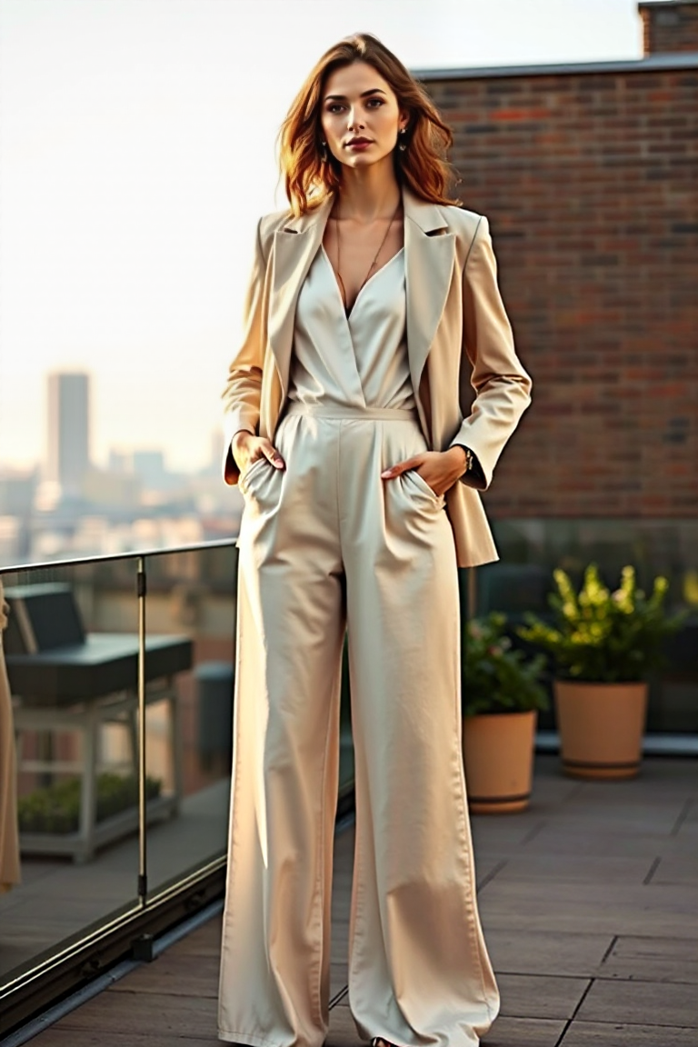 A woman in a full-length ivory silk jumpsuit with a structured blazer, standing on a sunlit rooftop terrace in