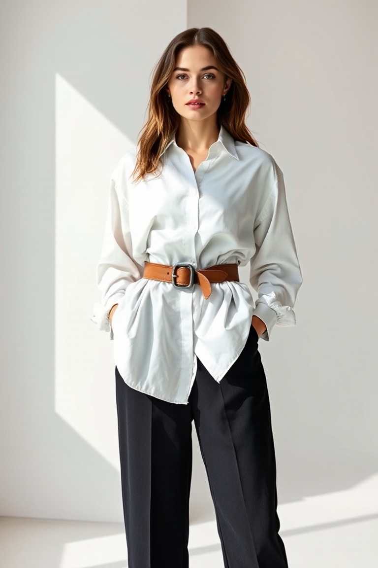 A woman wearing an oversized white shirt paired with high-waisted black trousers and a brown belt, standing in
