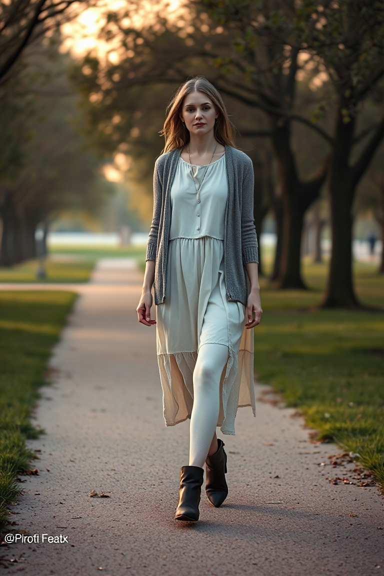 A woman wearing a light cotton dress with a cardigan and a pair of ankle boots, walking through a misty park i