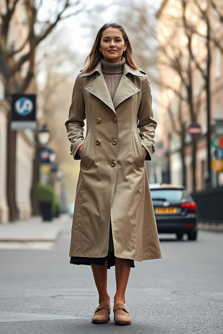 A woman in a classic beige trench coat, paired with a black wool skirt, a cashmere sweater, and nude suede loa