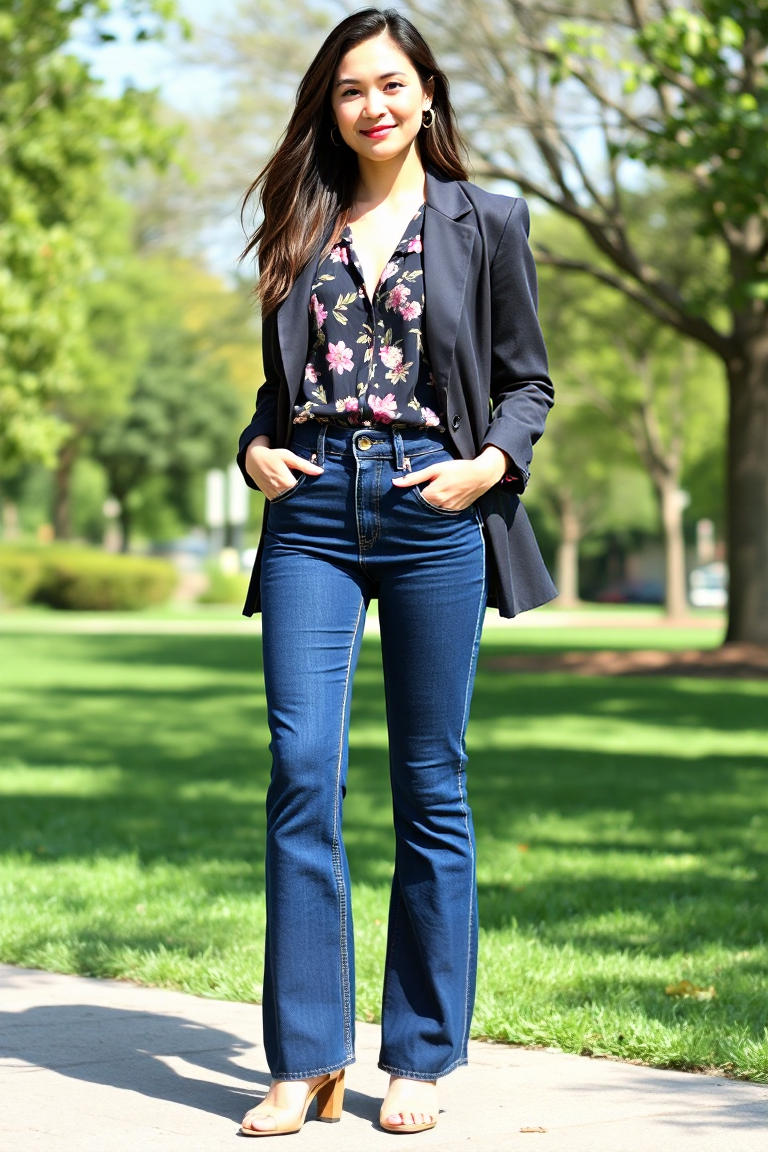 A woman in a dark blue high-waisted bootcut jeans paired with a floral blouse and a wide-leg blazer, standing