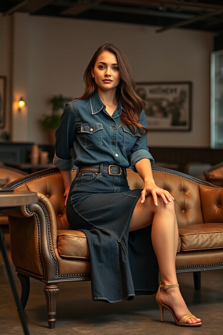 A woman in a dark wash denim skirt and a fitted denim blouse, accessorised with a statement belt and a pair of