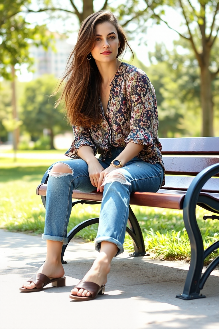 A woman in a casual outfit with boyfriend jeans, a loose, printed blouse, and flat sandals, sitting on a park