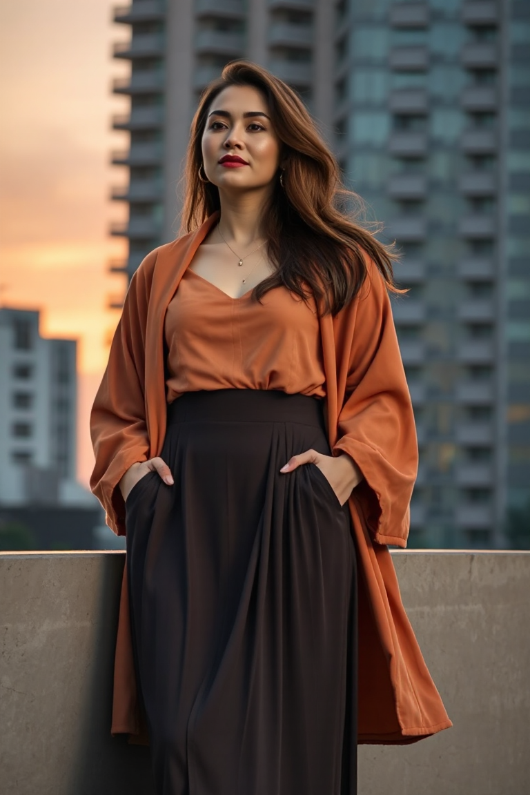 A woman in a high-waisted skirt and a kaftan coat, leaning against a city building with a sunset behind her, h