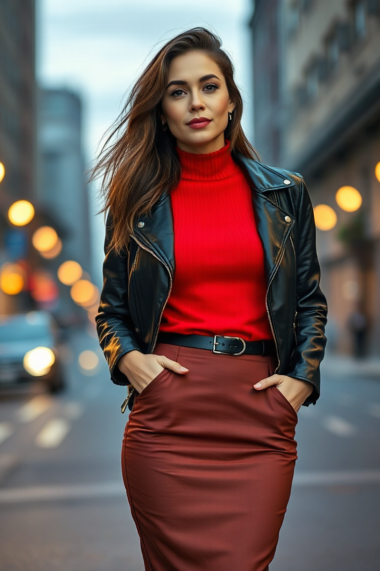 A woman in a bright red turtleneck sweater with a leather jacket and high-waisted pencil skirt, standing confi
