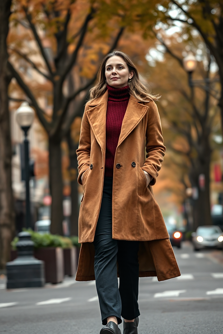 A woman in a long camel faux suede coat paired with a burgundy sweater and black trousers, walking through a b