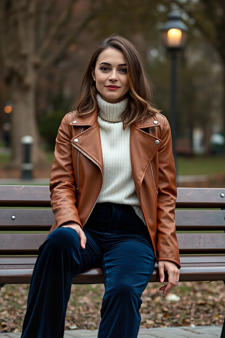 A woman wearing navy velvet trousers with a brown leather jacket and a cream roll-neck sweater, sitting on a p