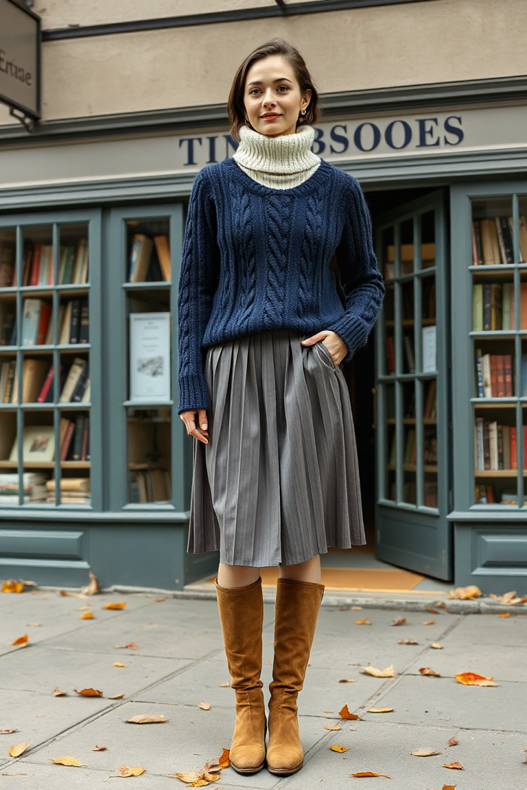 A woman in a navy cable knit sweater layered over a cream turtleneck, paired with a pleated grey skirt and kne