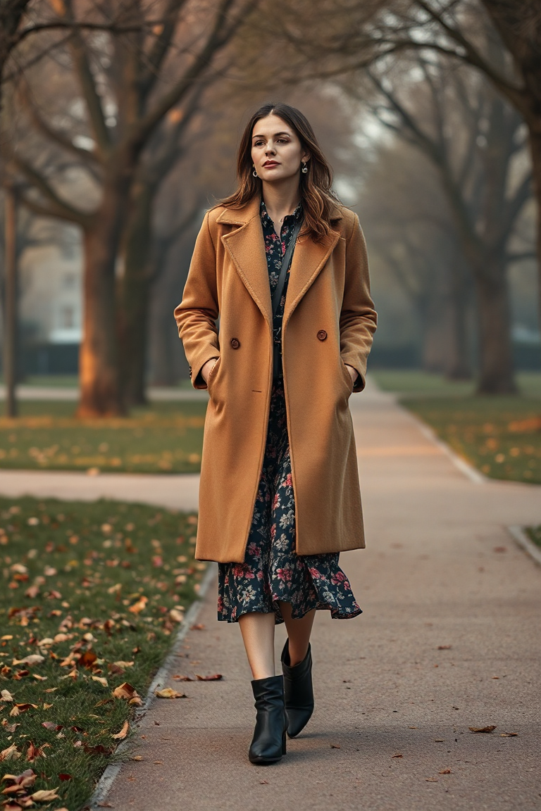 A woman in a camel wool coat over a floral midi dress, paired with ankle boots and a crossbody bag, walking th