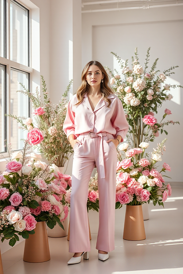 A woman wearing a monochromatic outfit in pastel pink, surrounded by floral arrangements in a stylish, modern