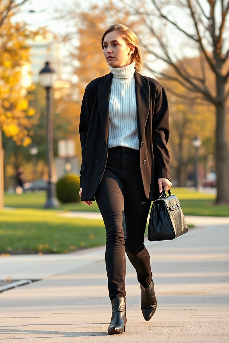A woman in a black oversized blazer, white ribbed turtleneck, and slim black jeans, walking through a city par