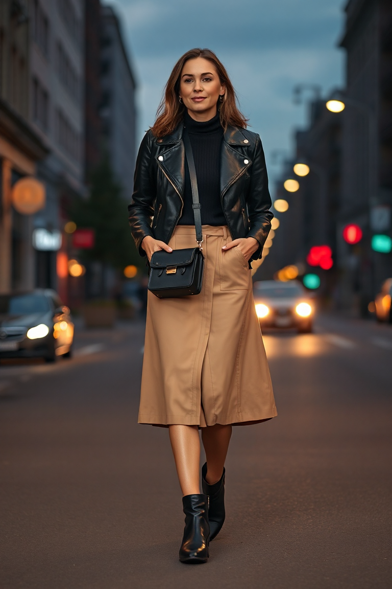 A woman wearing a black leather jacket over a beige midi skirt and a simple black turtleneck, walking down a c