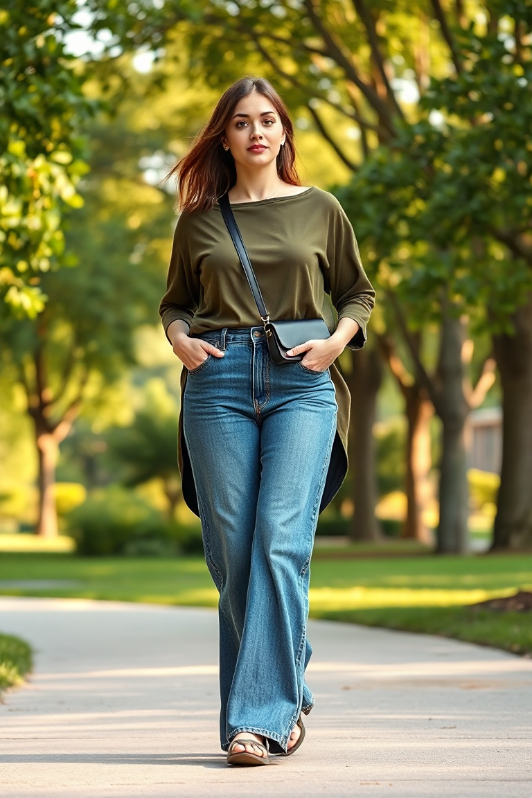 A woman with a pear-shaped body wearing high-waisted wide-leg jeans and a longline tunic top in olive green, w