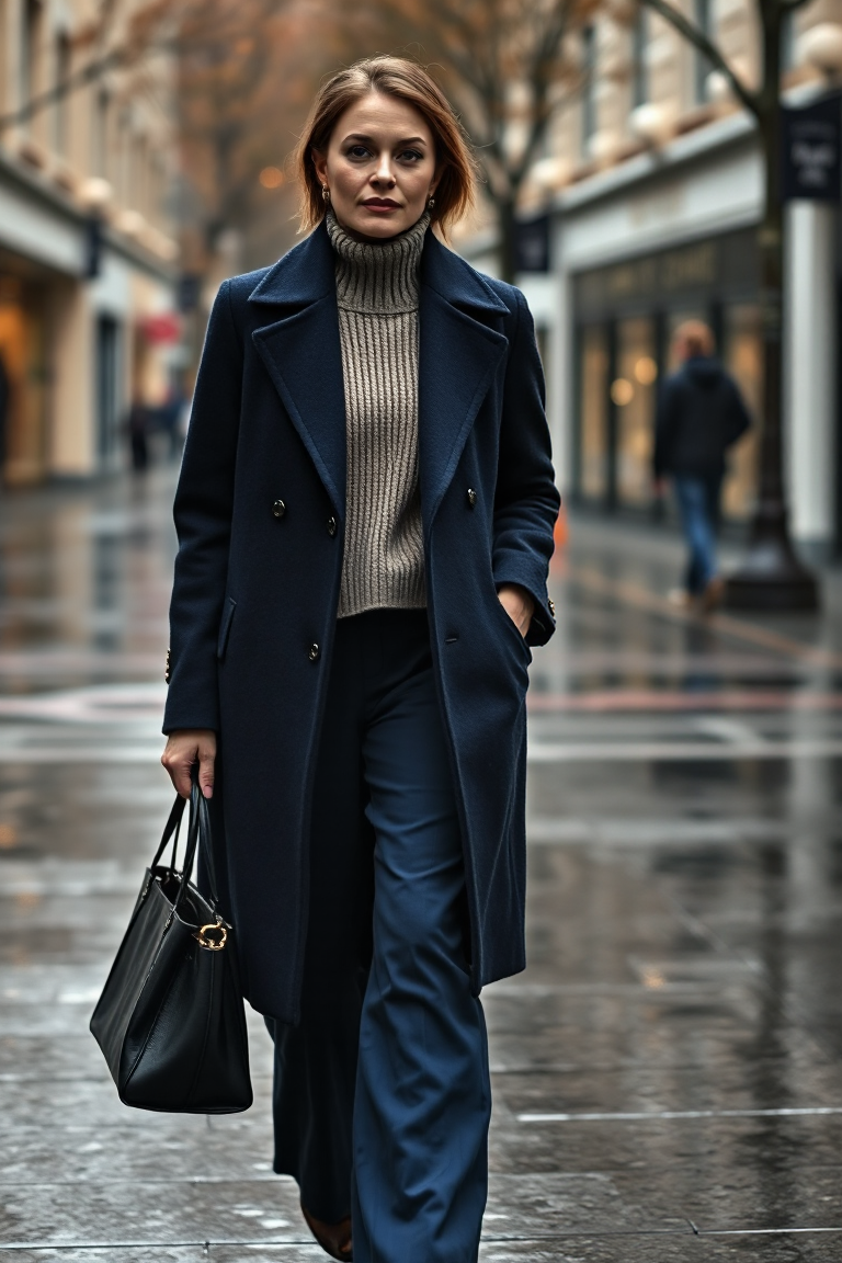 A woman in a deep navy wool coat over a matching wide-leg trousers and cashmere sweater, walking down a rainy 