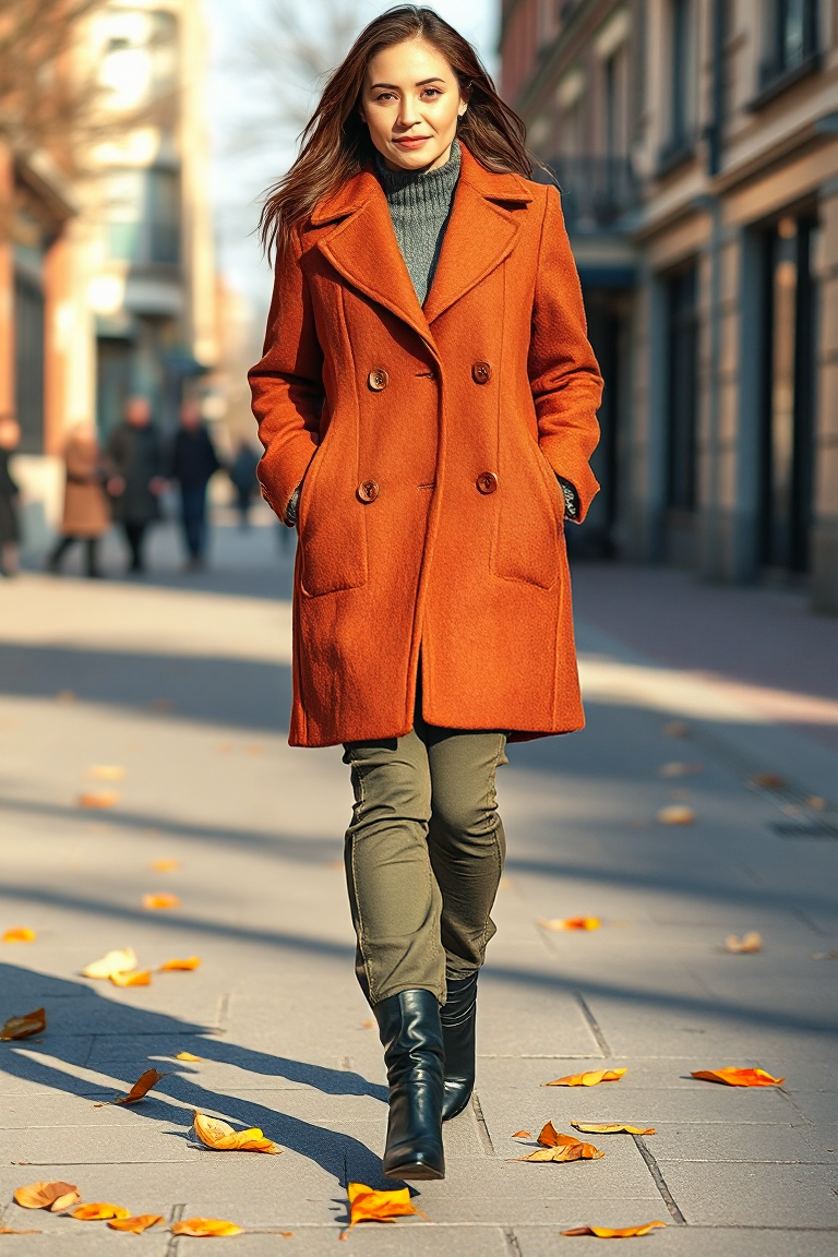 A woman in a rust-coloured wool coat, olive green trousers, and black boots, walking down a city street with f