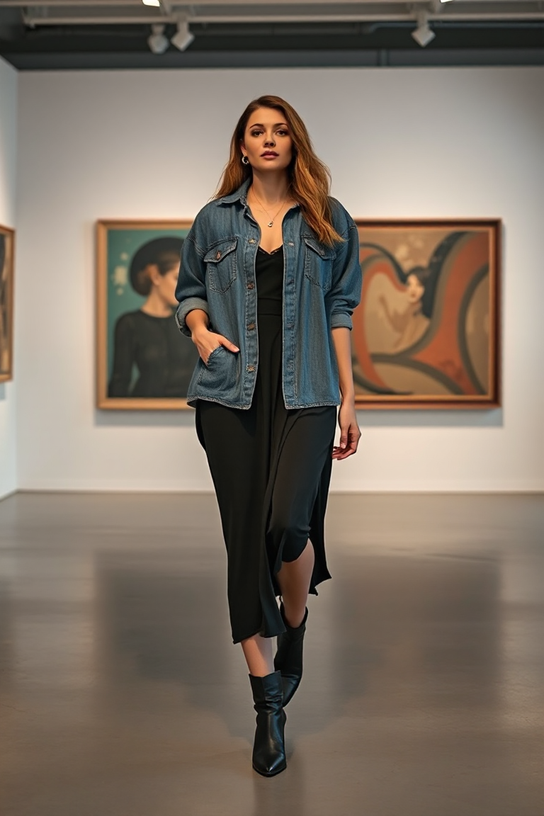 A woman in a denim oversized shirt layered over a black slip dress, paired with black ankle boots, walking thr