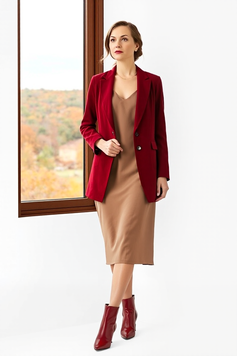 A woman in a deep red blazer over a neutral-coloured dress and red ankle boots, standing near a window with an