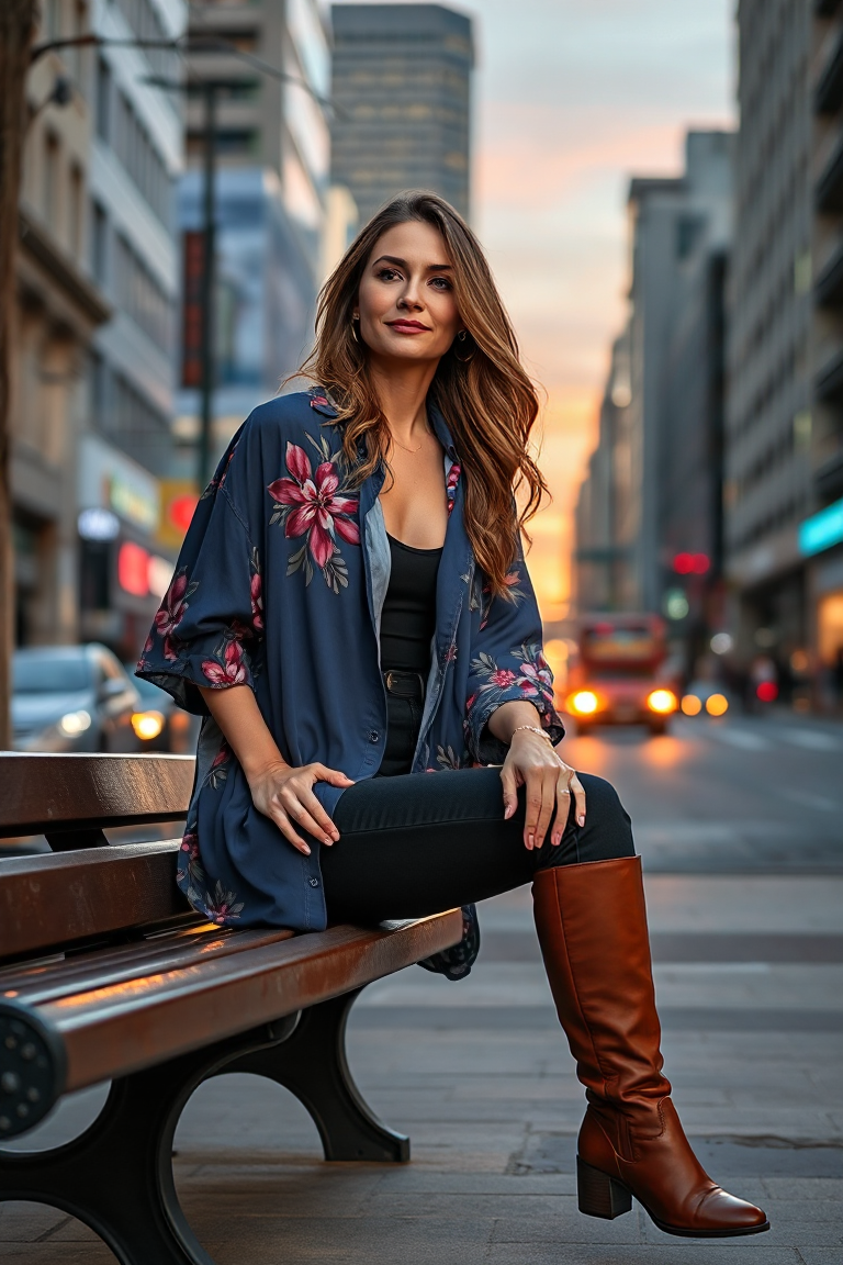 A woman in a blue oversized shirt with a floral print layered over a black bodysuit, paired with skinny jeans