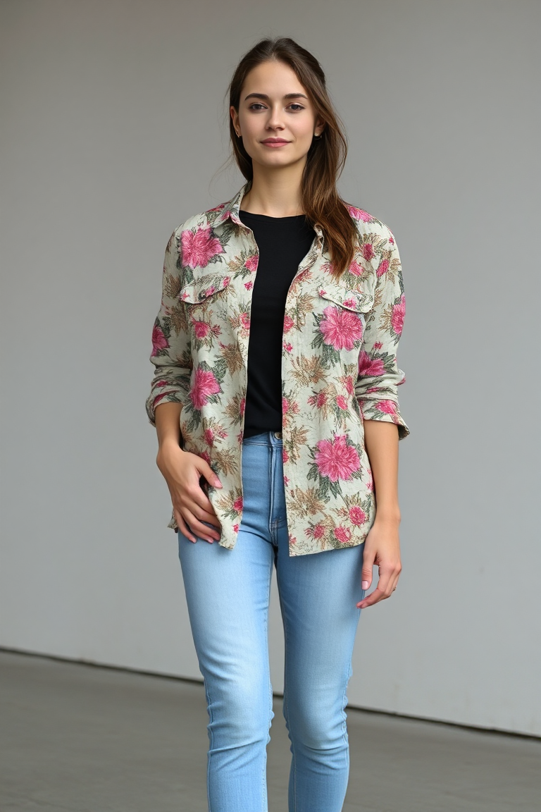 A woman in a floral button-down shirt unbuttoned over a black t-shirt, paired with light wash jeans and white