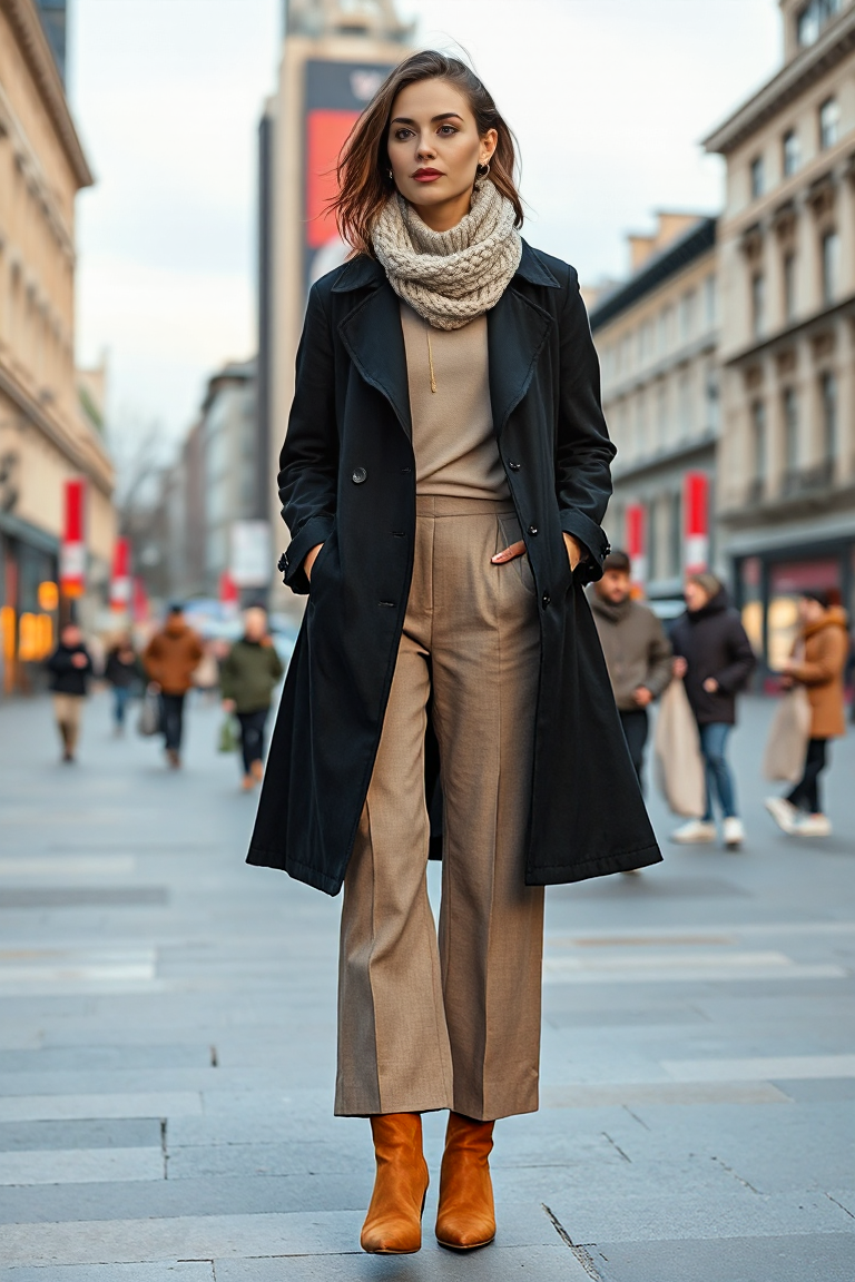 A woman wearing a black trench coat over a neutral-coloured, fitted turtleneck and wide-leg wool trousers. She