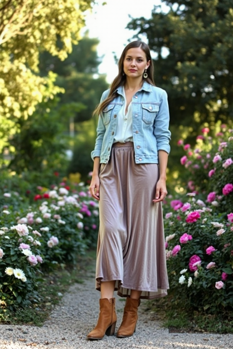 A woman in a light wash denim jacket and a flowy velvet skirt, paired with a cream blouse and a pair of ankle