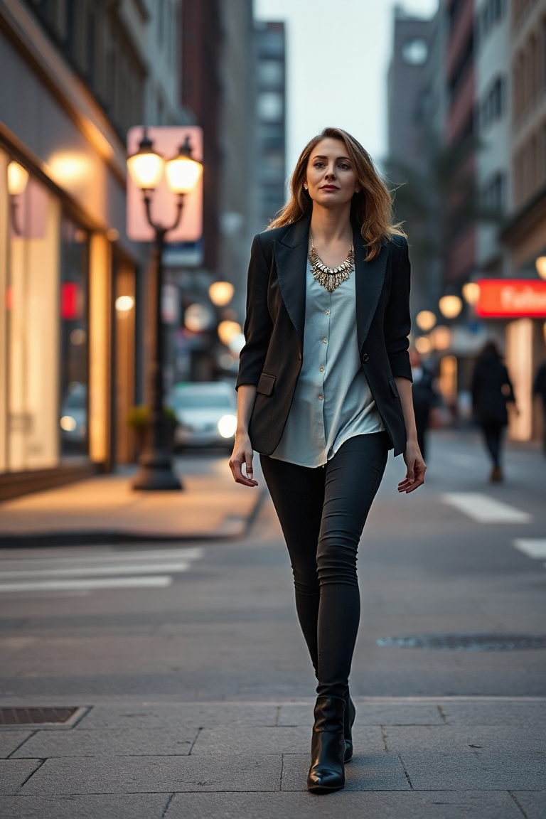 A woman in a stylish outfit featuring a black skinny jeans, a tailored blazer, a statement necklace, and ankle
