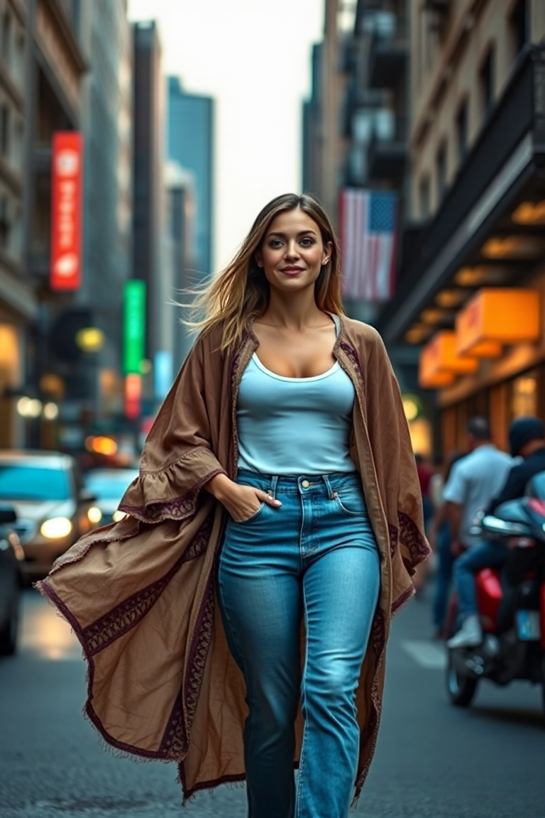 A woman in a kaftan coat, paired with a white tank top and high-waisted jeans, walking down a bustling city st