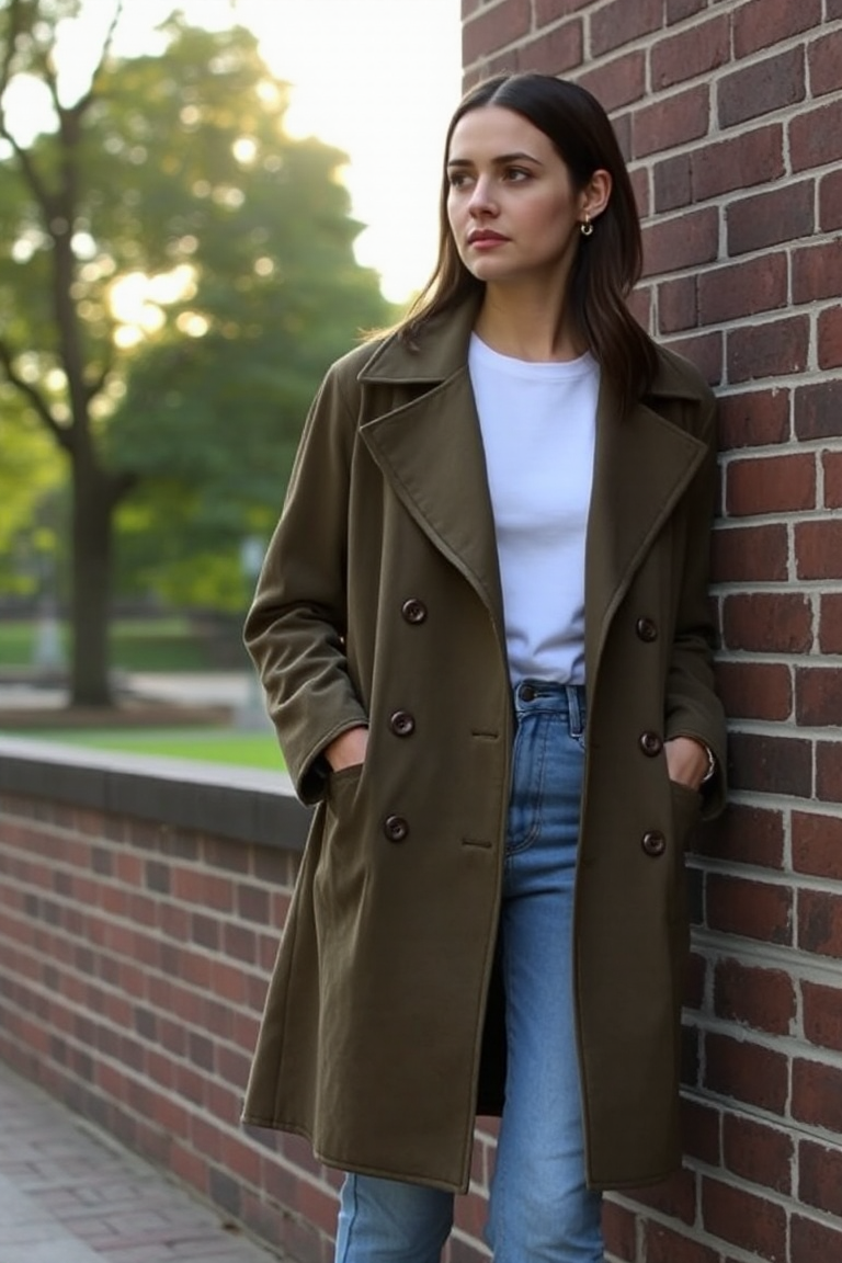 A woman in a short olive faux suede coat with a white t-shirt and high-waisted jeans, standing against a brick