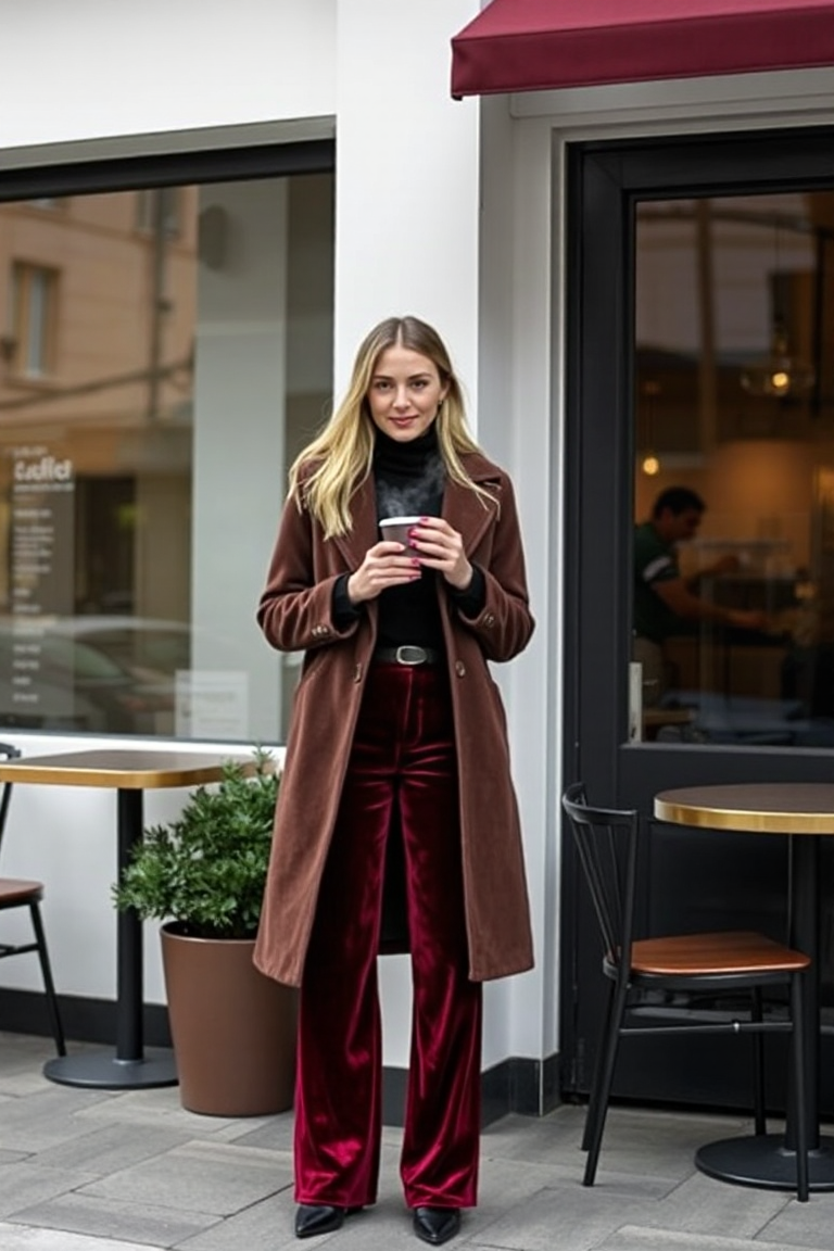 A woman in deep burgundy velvet trousers paired with a black turtleneck and a long coat, standing outside a ca