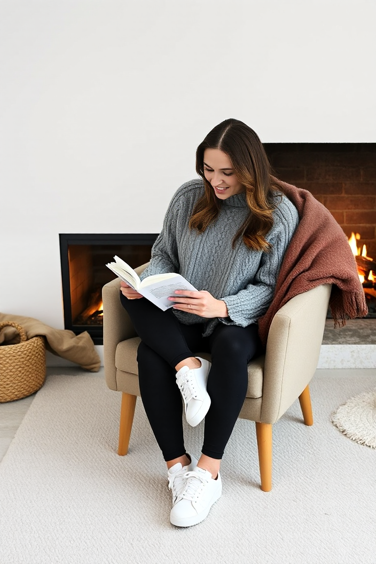 A woman in a grey cable knit sweater, black leggings, and chunky white sneakers, sitting on a cozy armchair wi