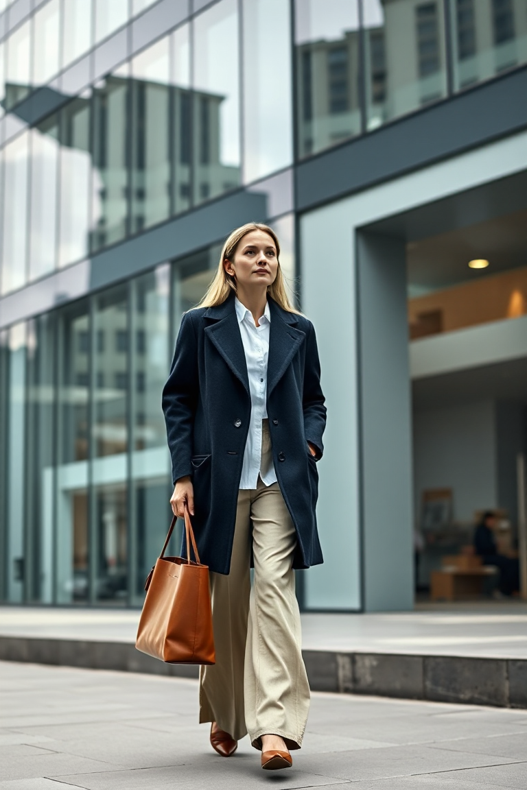 A woman in a navy wool coat over a white shirt and wide-leg trousers, holding a leather tote bag, walking past