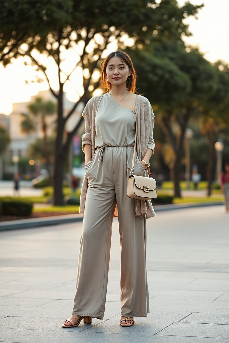 A woman in a neutral-toned jumpsuit with short sleeves and wide legs, layered with a lightweight sheer cardiga