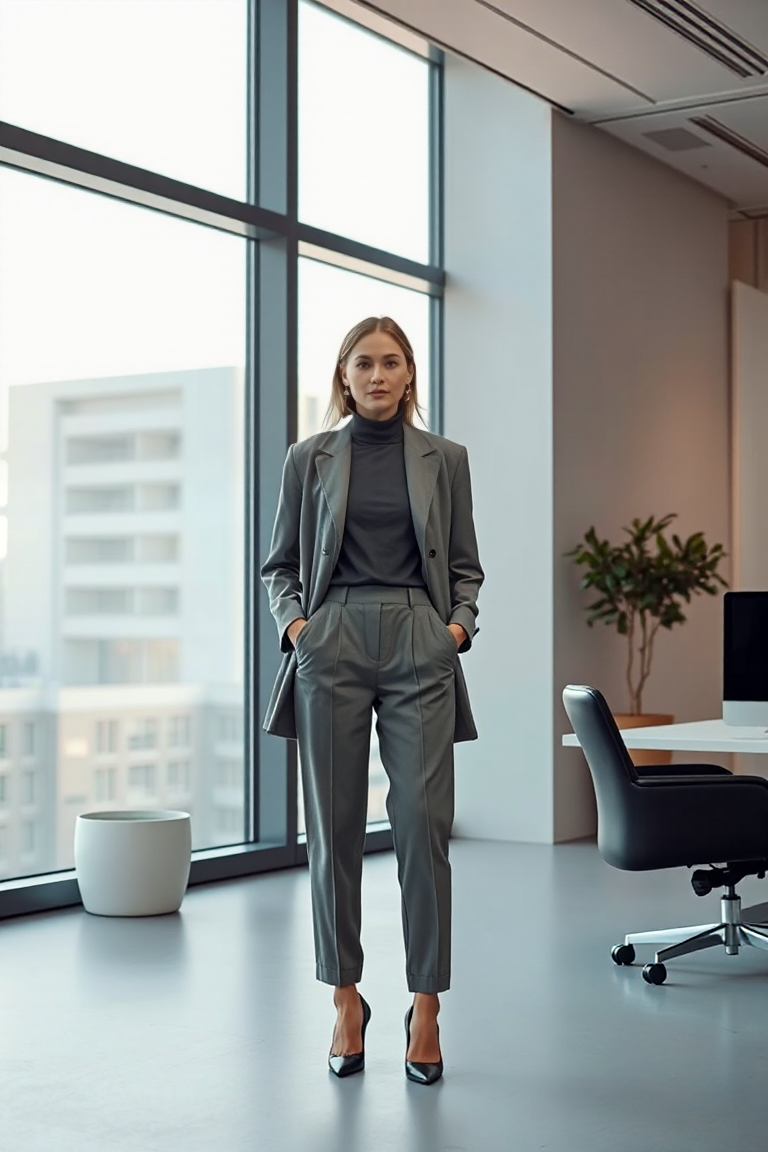 A woman in a monochromatic outfit of different shades of grey, standing in a sophisticated, modern office envi