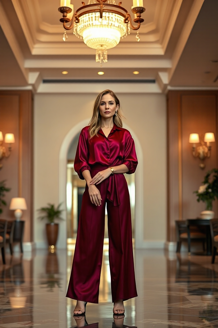A woman in a bold burgundy silk blouse and wide-leg trousers, accessorised with a gold cuff and heels, standin