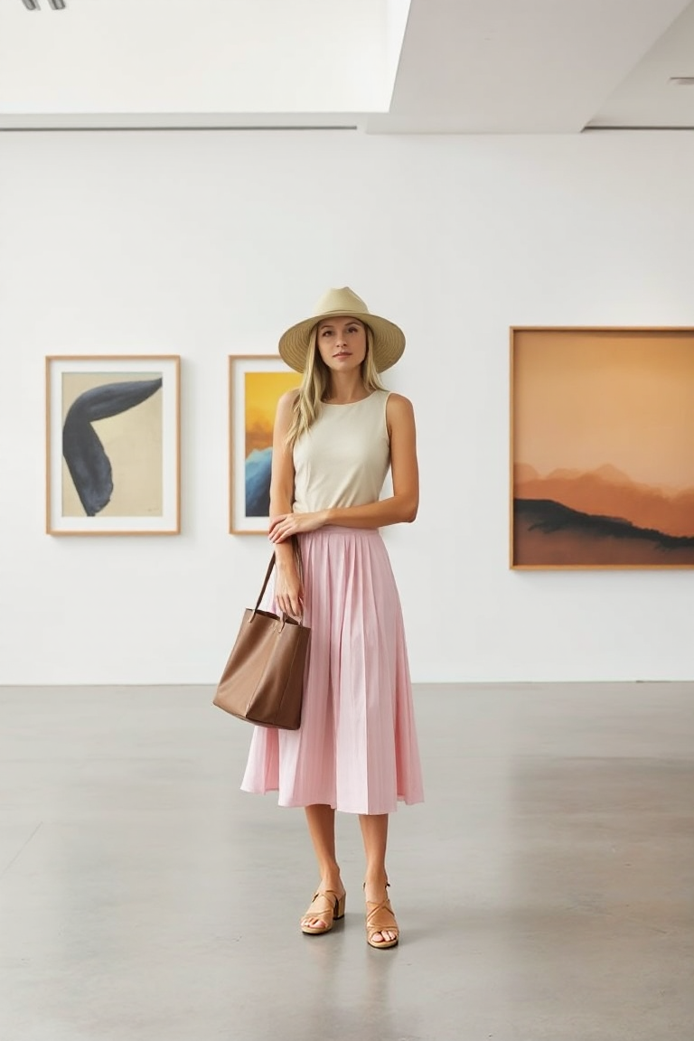A woman in a pastel pink midi skirt with a sleeveless cream top, standing in a modern art gallery with soft na