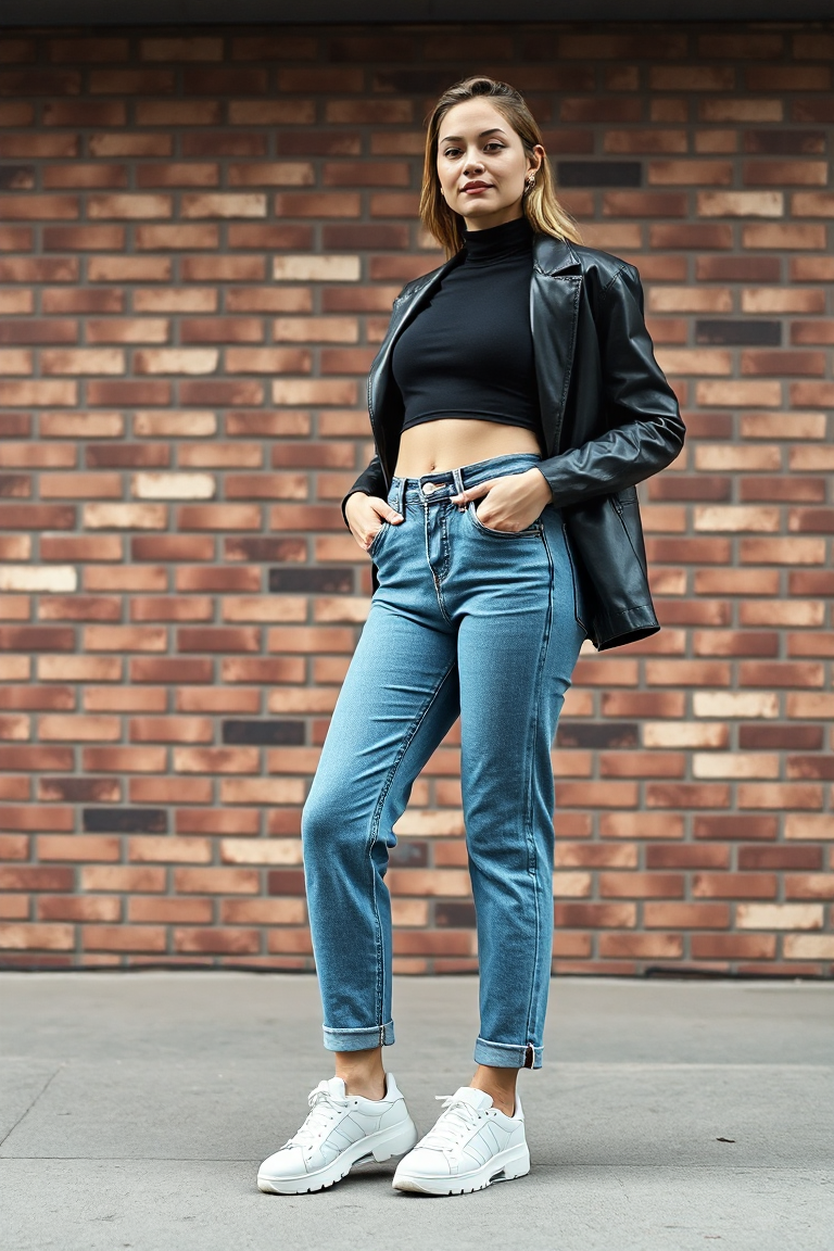 A woman with an athletic build wearing high-waisted relaxed-fit jeans and a cropped black turtleneck, standing