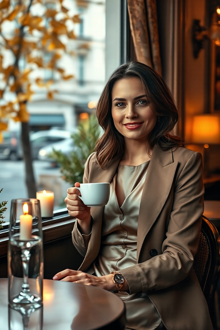 A woman in a taupe silk dress with a tailored blazer, sitting at a candlelit table in a cozy Parisian café, wa