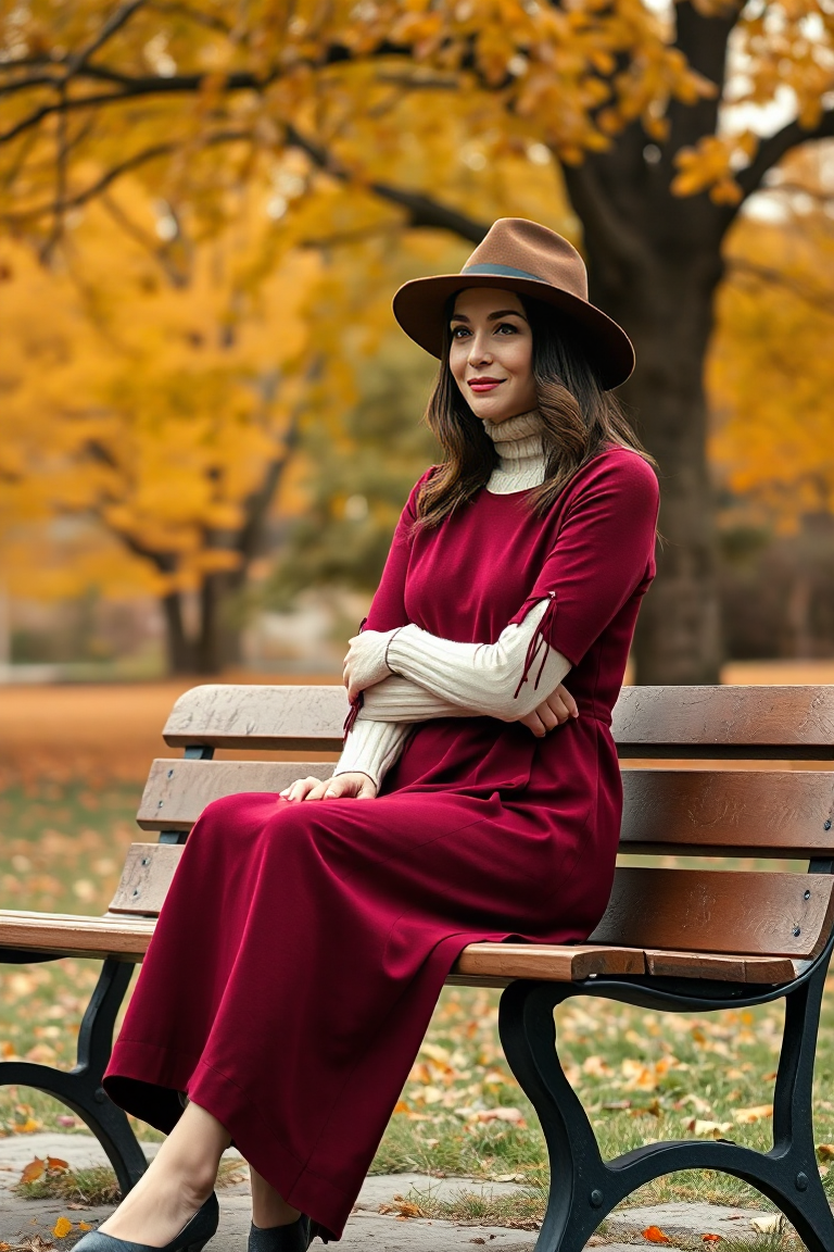 A woman in a deep burgundy cashmere dress, cream turtleneck sweater, and brown felt hat, seated on a wooden be