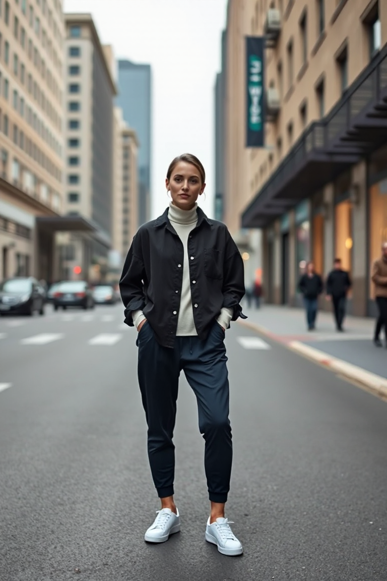 A woman in a black oversized shirt worn over a cream turtleneck, paired with dark blue joggers and white sneak