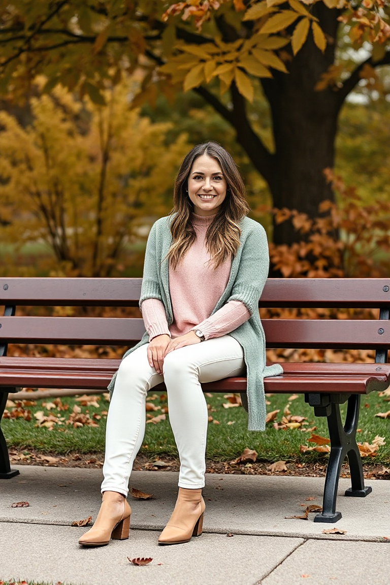 A woman dressed in blush pink sweater paired with ivory skinny jeans and a sage green cardigan, sitting on a p