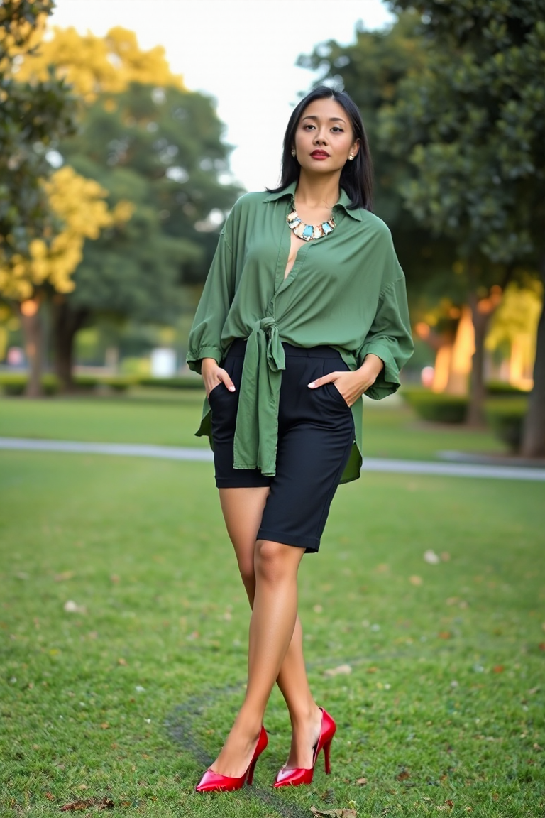 A woman in a green oversized shirt with a statement necklace and a tuck and tie, paired with tailored black sh