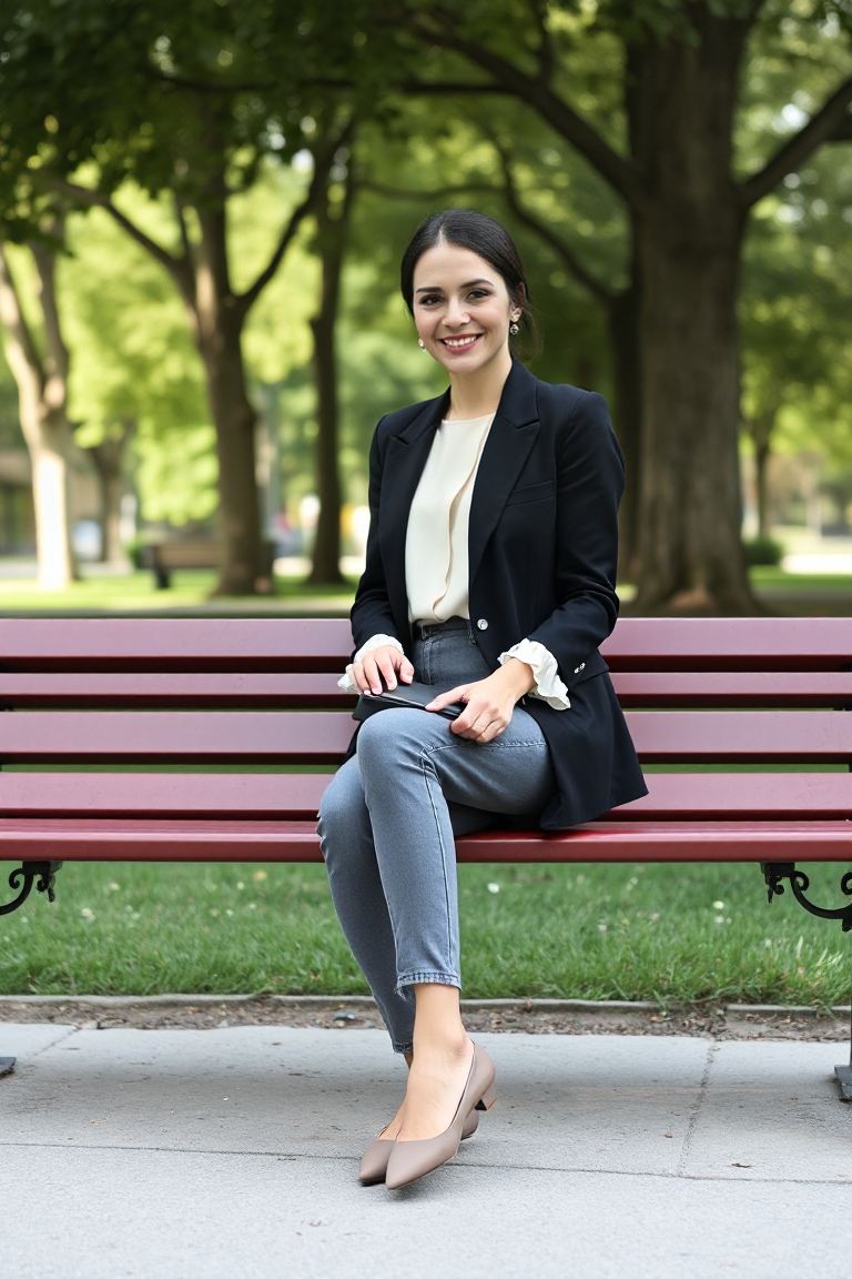 A woman sitting on a bench in a park, wearing a fitted black blazer, a cream blouse, and high-waisted grey jea