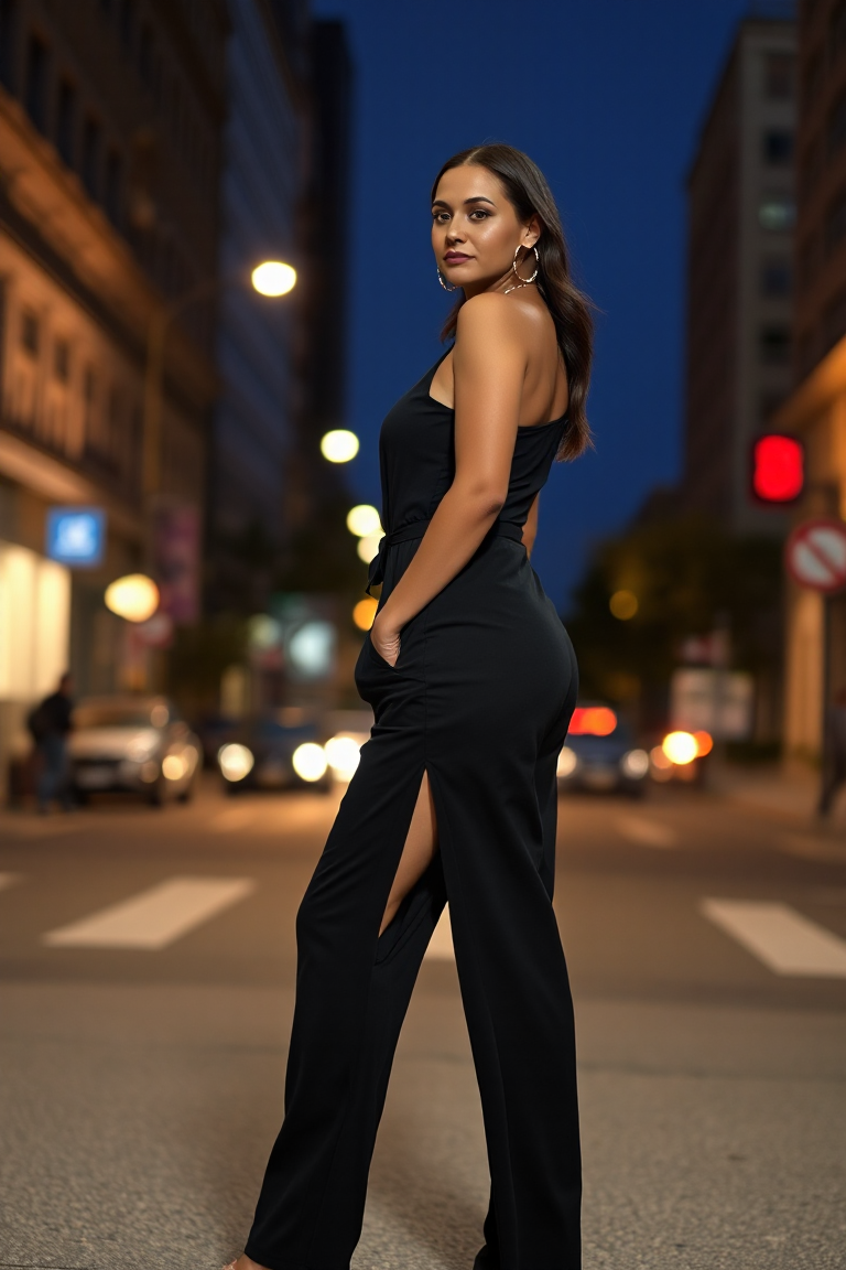 : A woman in a black jumpsuit with a high slit, paired with gold hoop earrings and a delicate chain necklace,