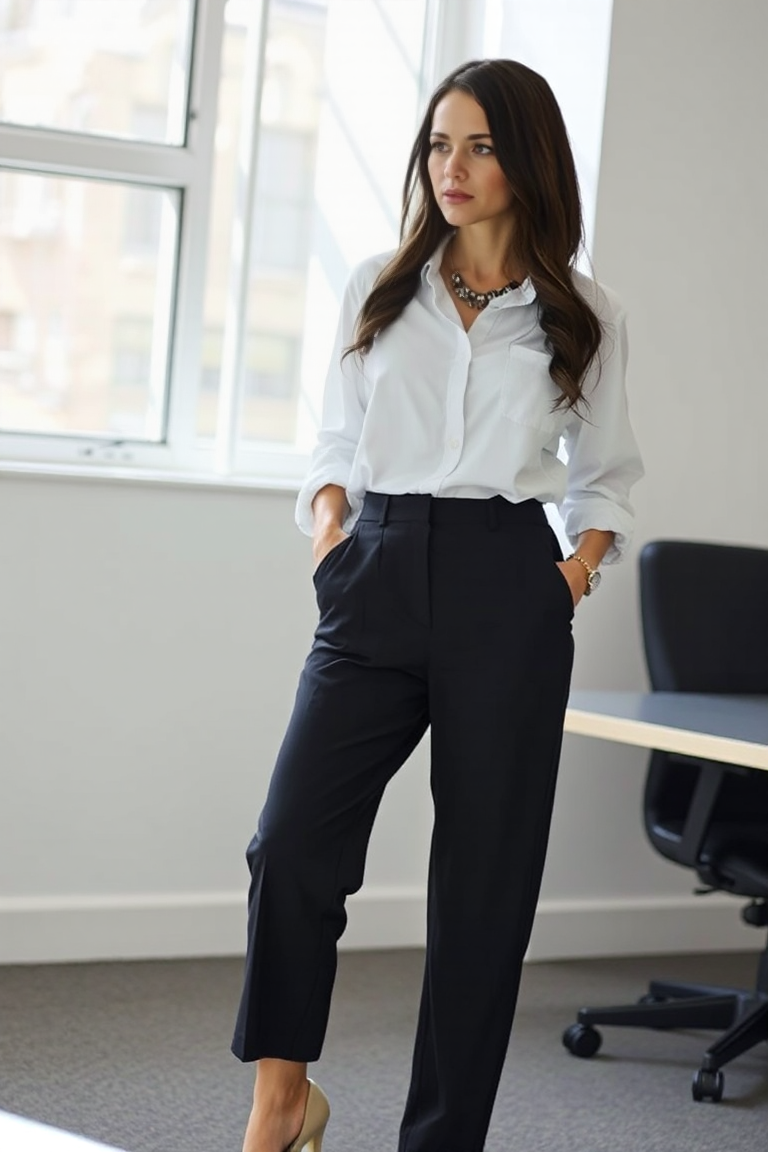 A woman in a white button-down shirt half-tucked into black high-waisted trousers, wearing a statement necklac